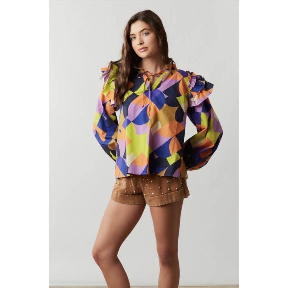 Peach Love California Abstract Print Poplin Blouse Ruffle Keyhole IT38483-01 S